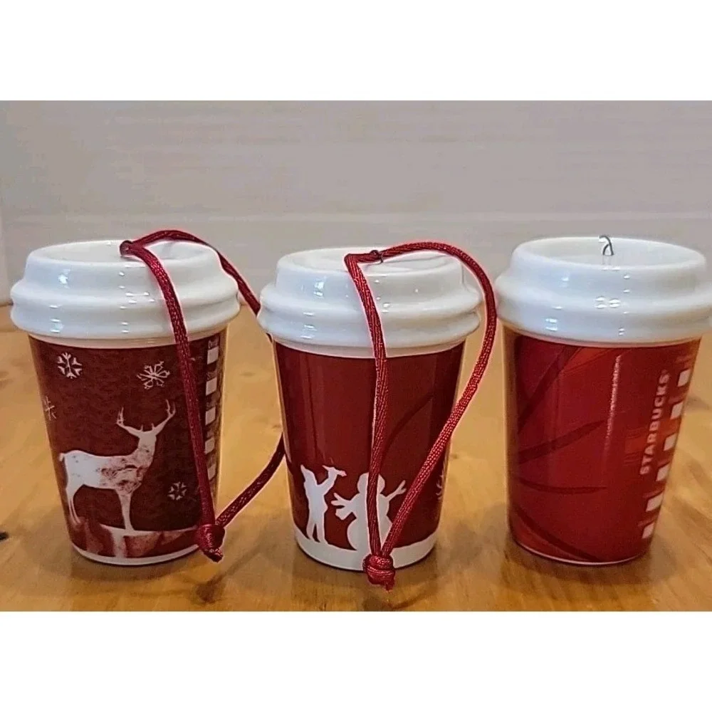 Starbucks Holiday Ceramic Mini Travel Mug Ornaments 2006 2008 2014 Set of 3 Red